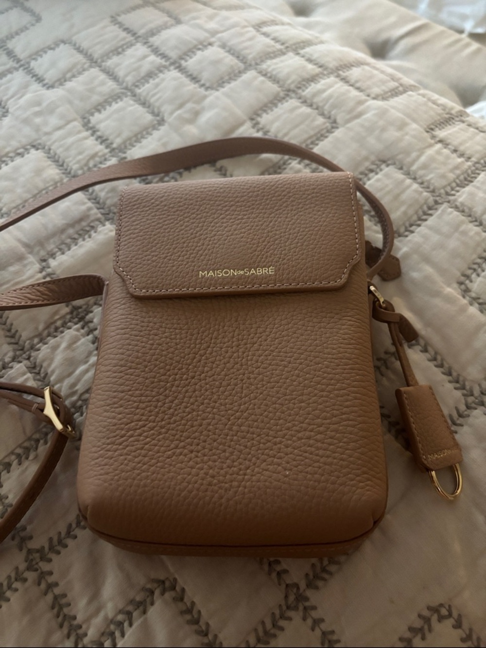 MAISON de SABRÉ Tan Pebbled Leather Zipped Phone Pouch Crossbody Bag